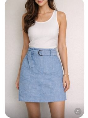 Ann Taylor Petite Linen Blend Blue Belted Skirt | Lined | Size 4P